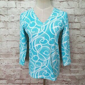 Melly M Womens Smooth Stretch V- Neck Top 3/4 Sleeve Aqua Blue White Size XS